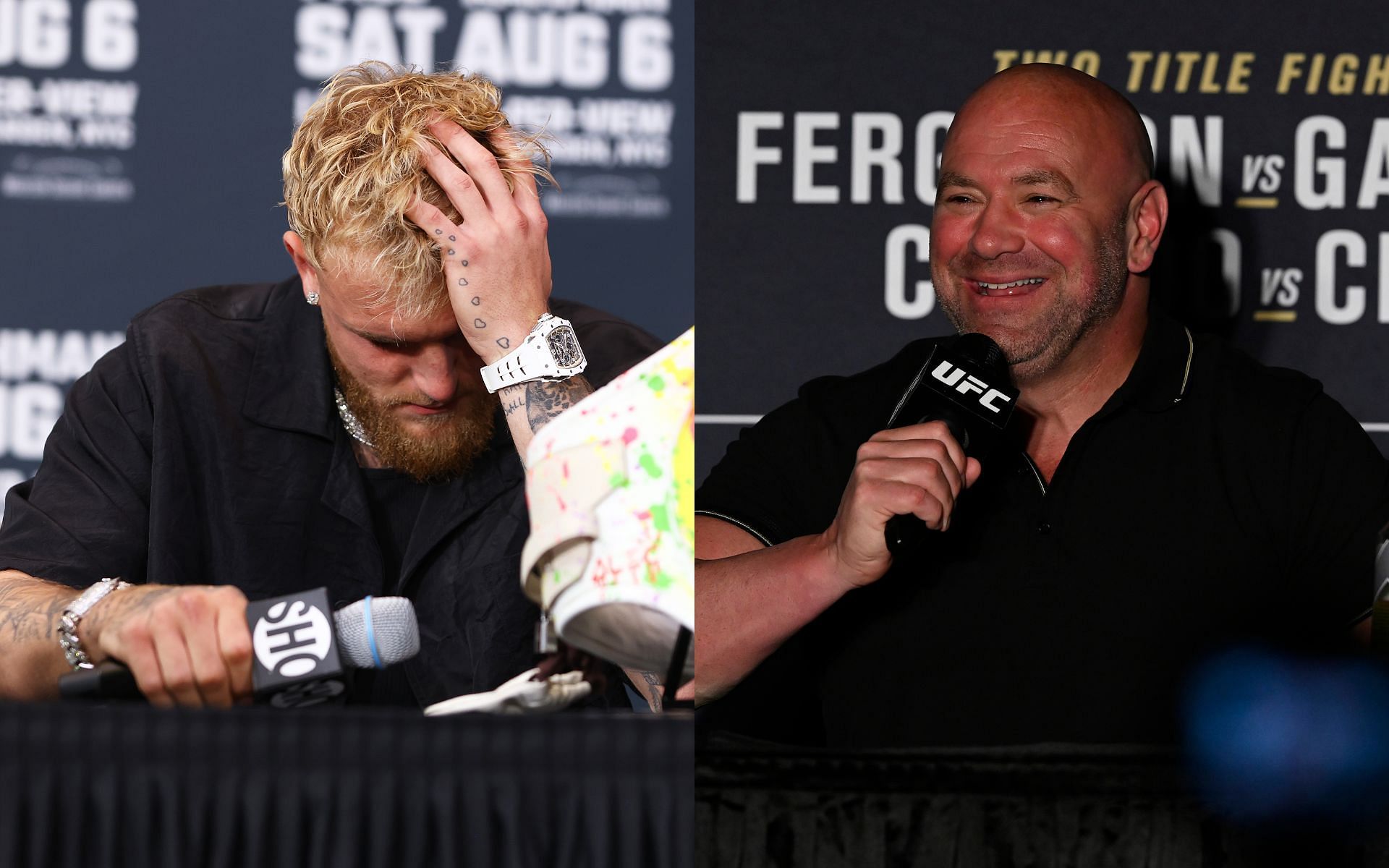 Dana White (right) weighed in on Jake Paul (left) during the UFC Long Island presser