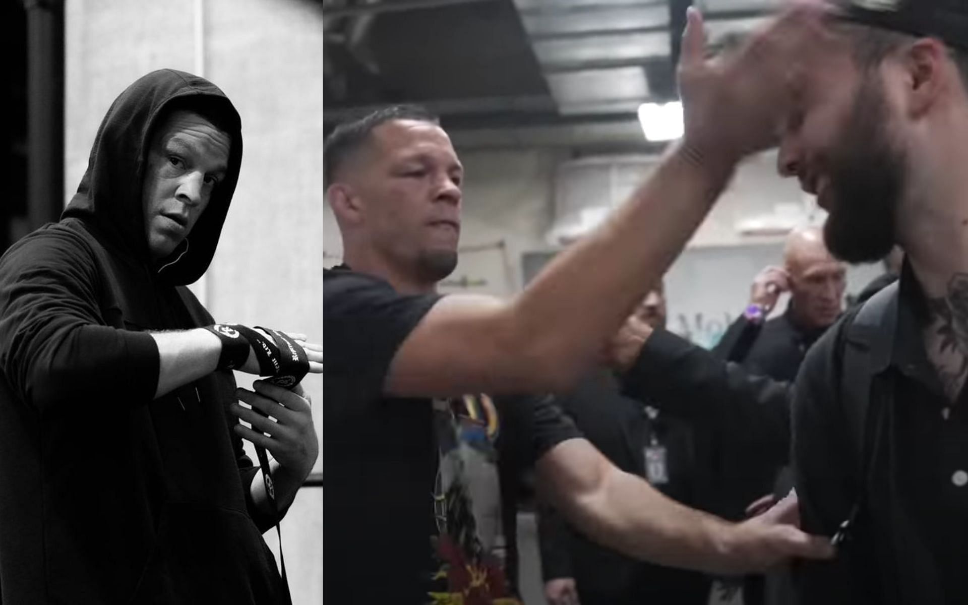 Nate Diaz (left) slapped OG Shawny Mack backstage at UFC 276 (right) [Images via @natediaz209 on Instagram and Full Send MMA on YouTube]