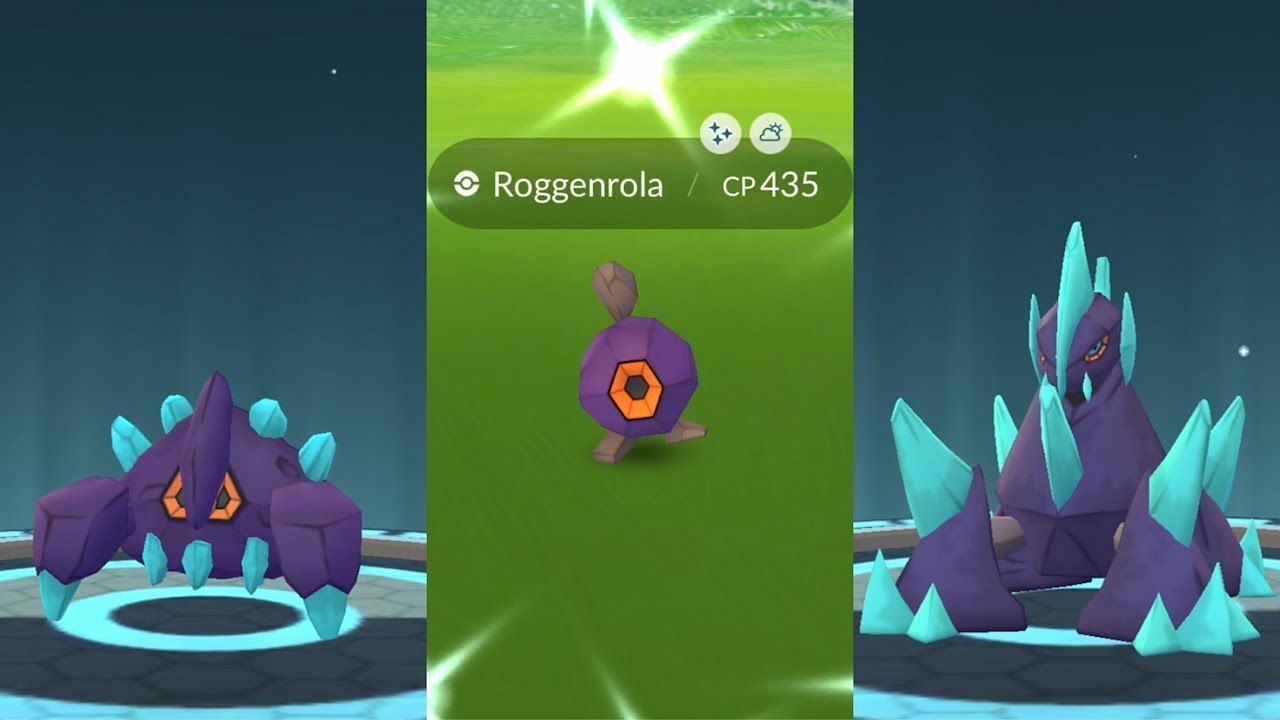 Shiny Gigalith, Boldore, and Roggenrola as they appear in Pokemon GO (Image via Critical Slacker on YouTube)