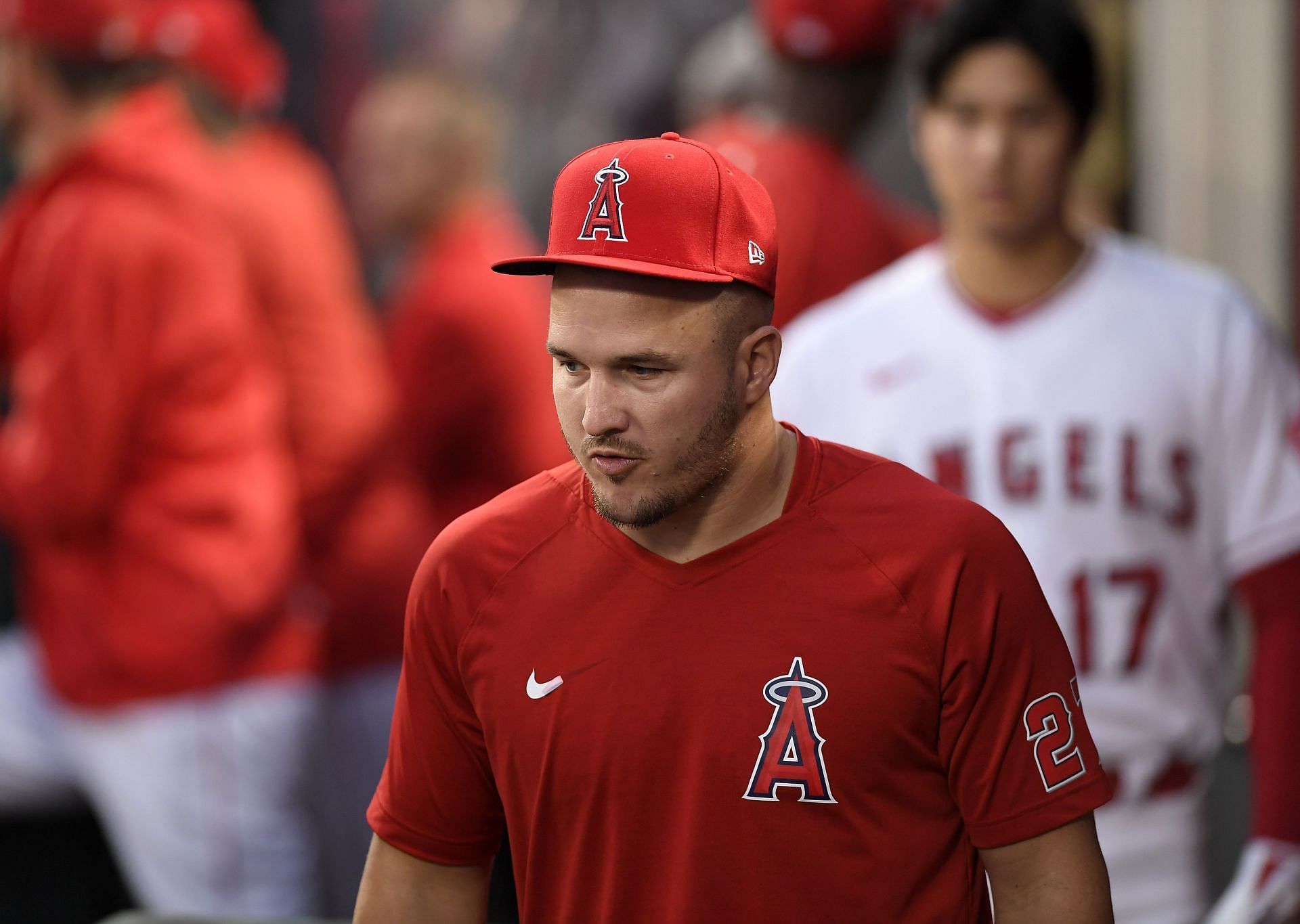 Trout looks on from the dugout, Houston Astros v Los Angeles Angels