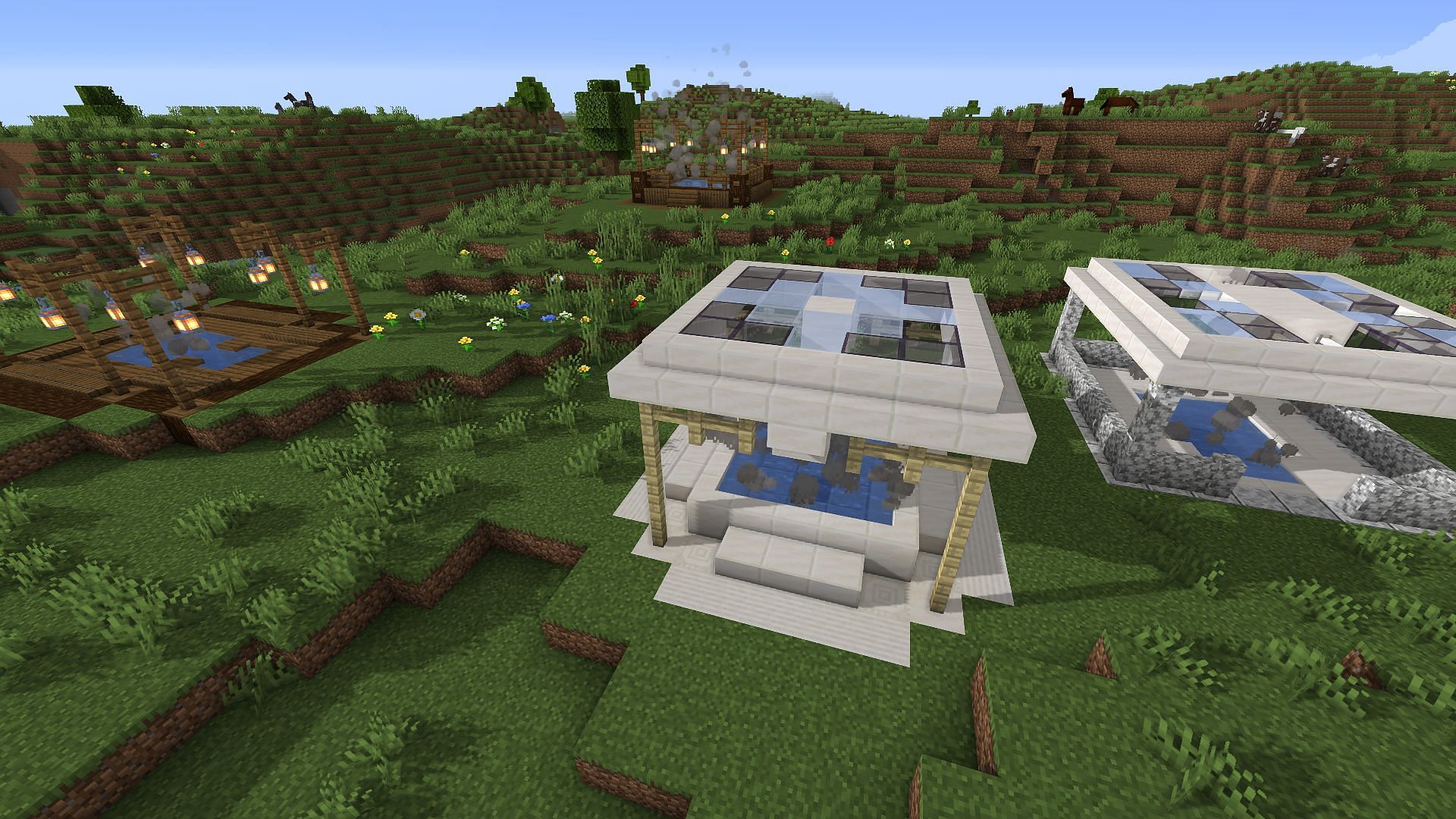 The different example hot tubs all near each other (Image via Minecraft)