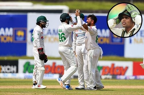 Pakistan team celebrate a wicket during Day 1 of the Galle Test. Pic: TheRealPCB/ Twitter; (inset) Kamran Akmal