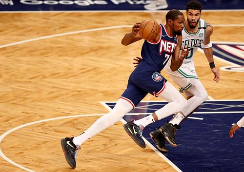 Boston Celtics v Brooklyn Nets - Game Four; Kevin Durant driving past Jayson Tatum