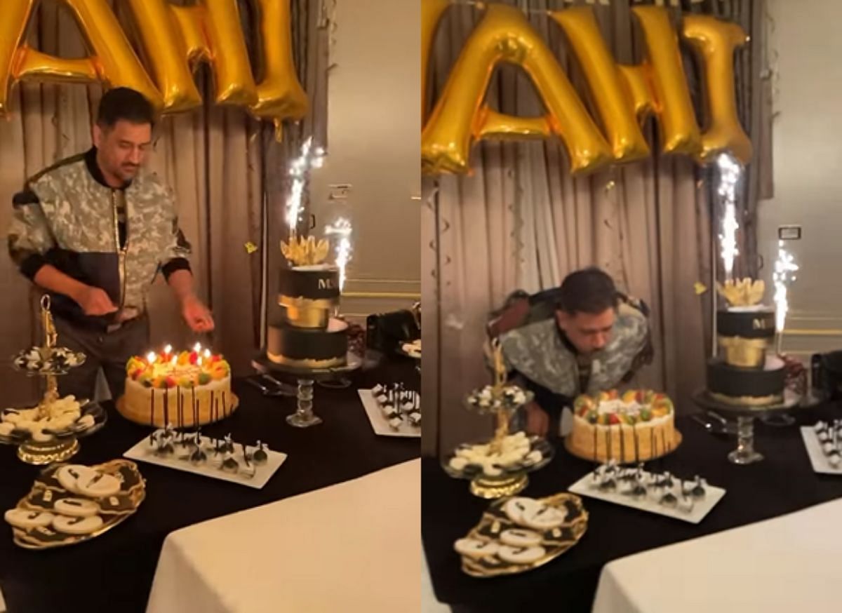 Screengrabs from a video showing MS Dhoni cutting his cake. Credit: Sakshi Dhoni
