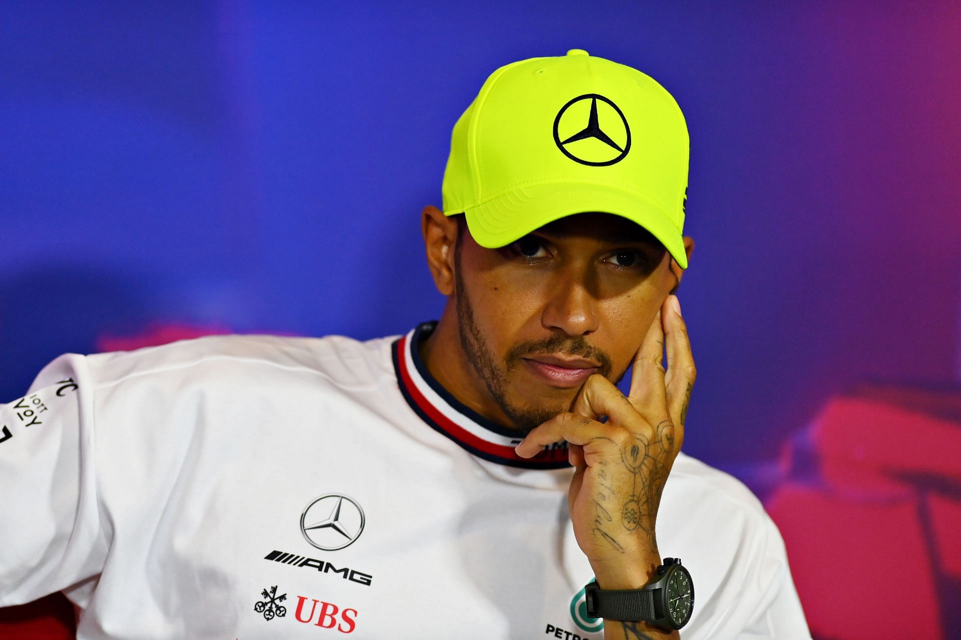 Lewis Hamilton talks in the drivers&#039; press conference following the F1 Grand Prix of Great Britain at Silverstone on July 03, 2022, in Northampton, England (Photo by Dan Mullan/Getty Images)