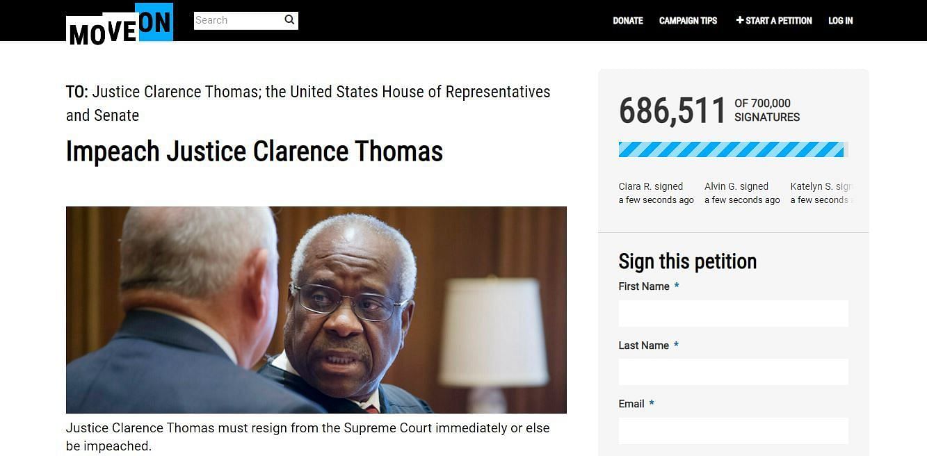 A petition to impeach Justice Clarence Thomas reached 600,000 signatures (Image via Move On)