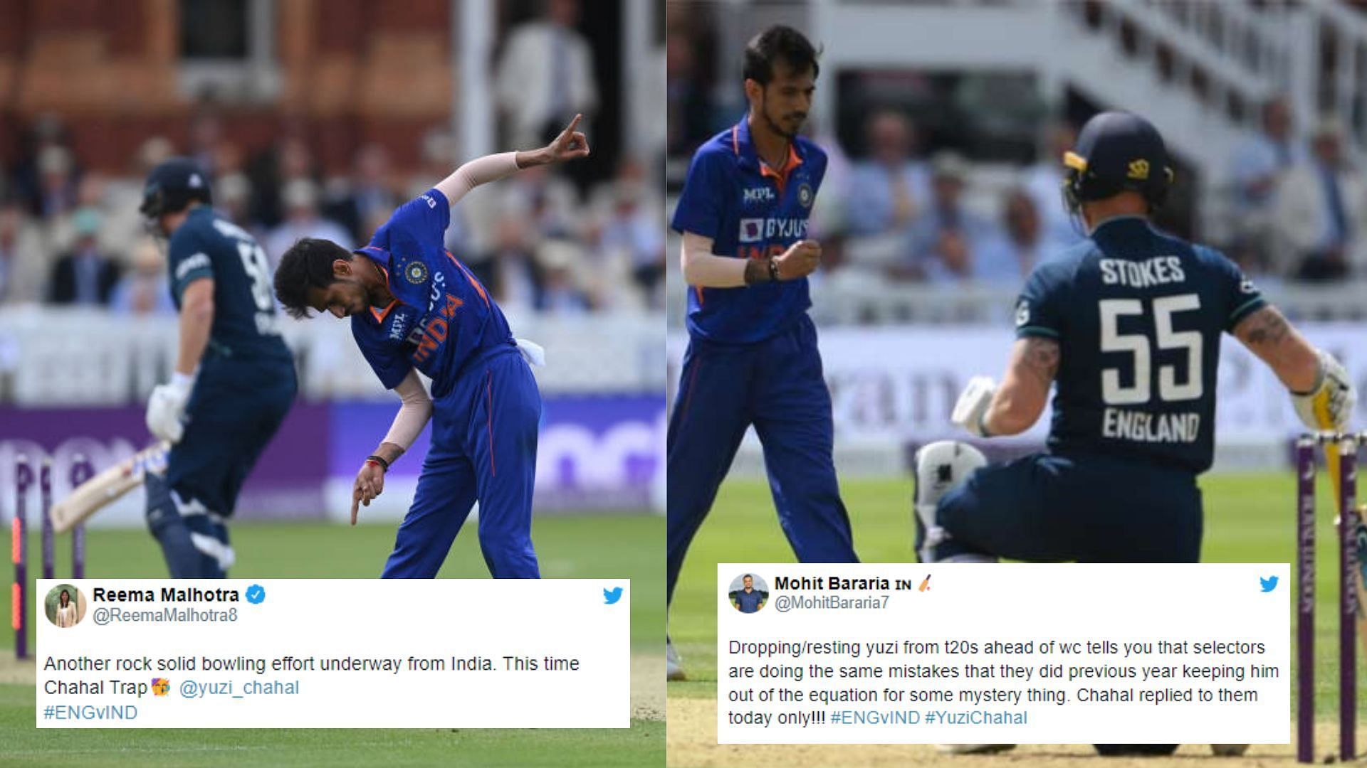 Yuzvendra Chahal celebrates wickets of Bairstow and Stokes. (P.C.:Twitter)