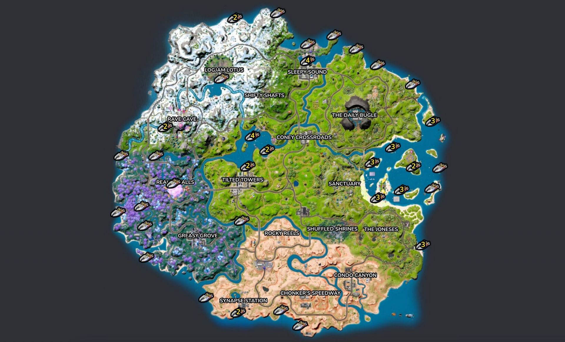 Motorboats can be found in these spots (Image via Fortnite.GG)