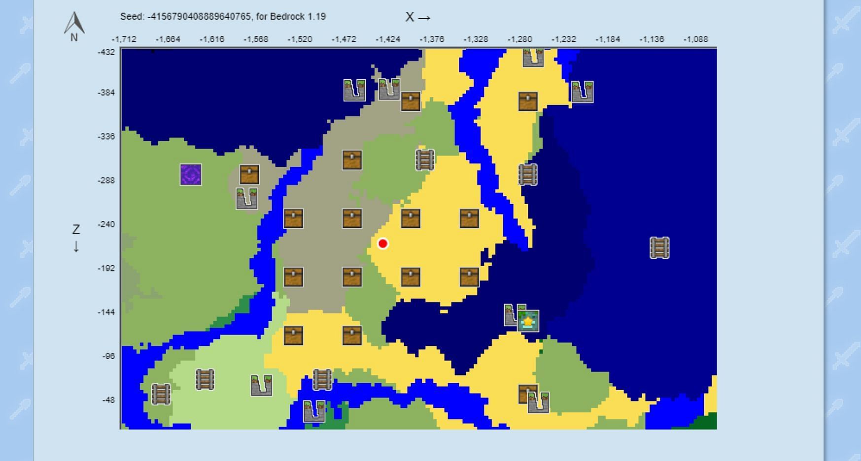 The chunk map showing the treasure grid (Image via Chunkbase)