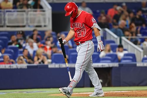 Mike Trout strikes out, Los Angeles Angels v Miami Marlins.