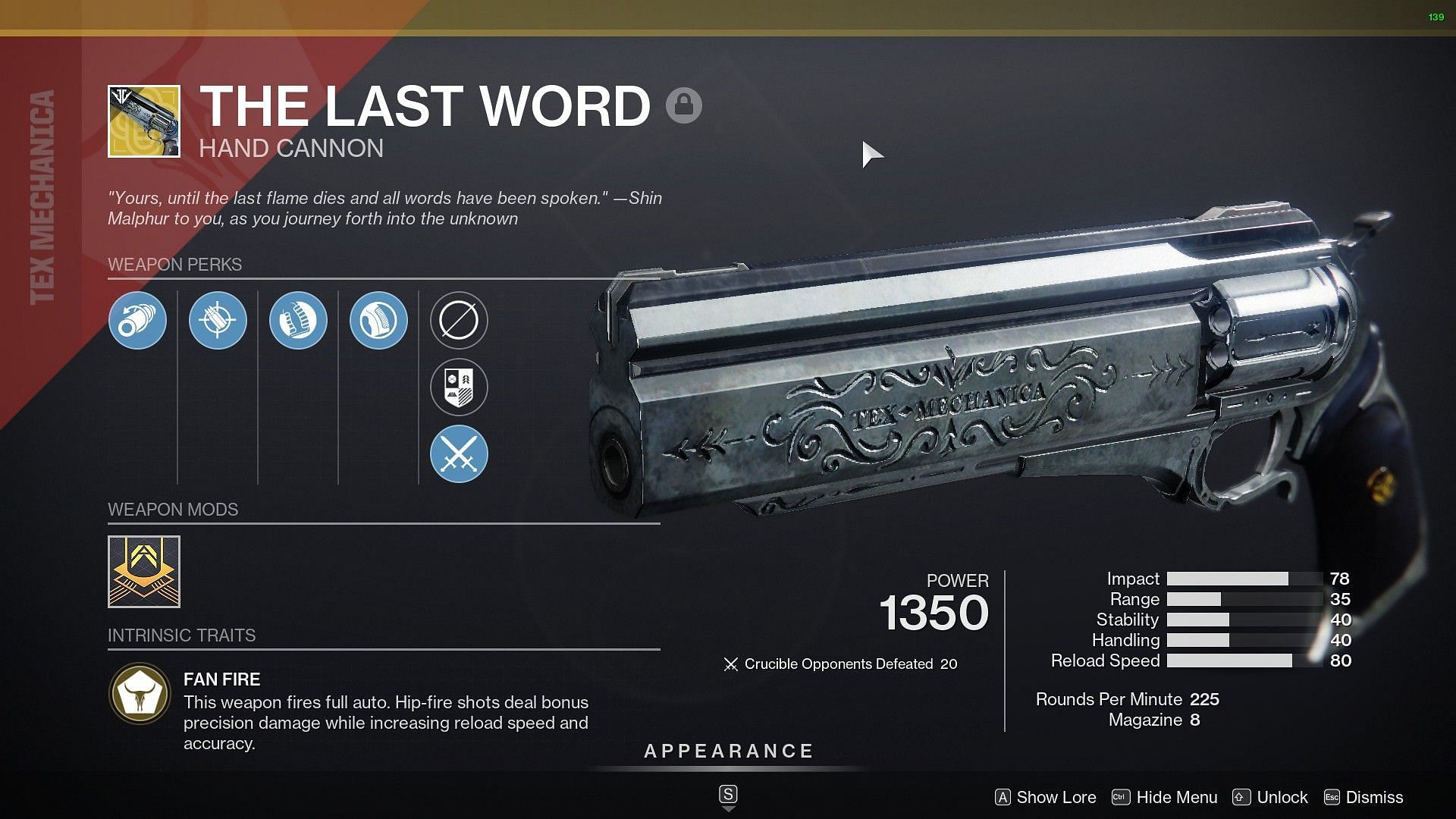 The Last Word Exotic Hand Cannon (Image via Destiny 2)