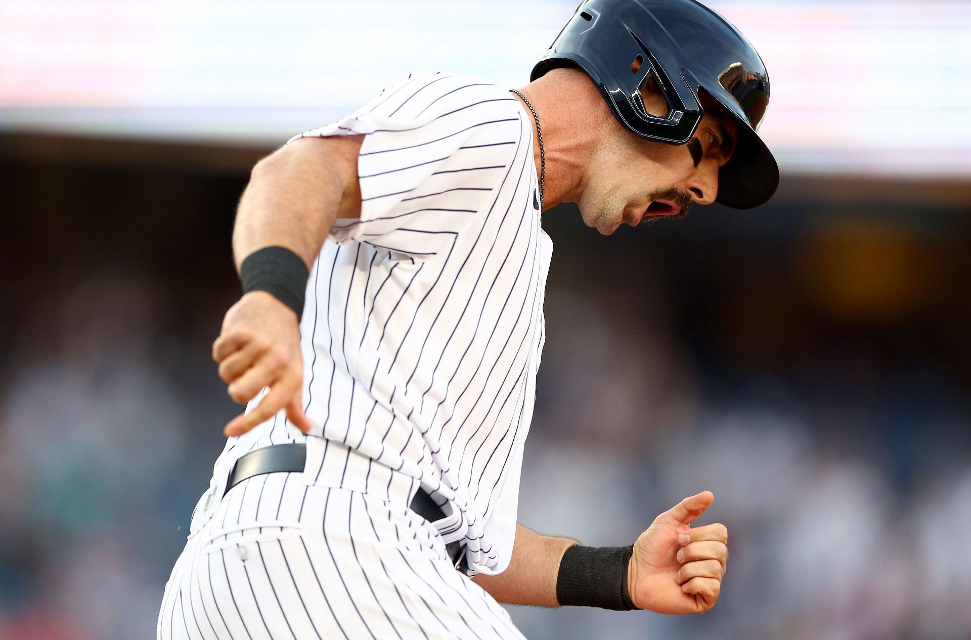 Matt Carpenter celebrates a two-run homer, Los Angeles Angels v New York Yankees.