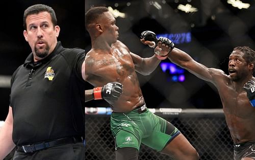 John McCarthy (left. Image credit: Jeff Bottari/Zuffa LLC/Getty Images), Israel Adesanya vs. Jared Cannonier (right)