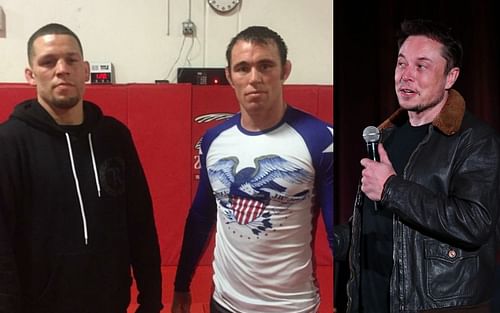 Nate Diaz's (L) teammate Jake Shields (M) rips into Elon Musk (R) for being "cheap" [Image credits: MyMMAnews]