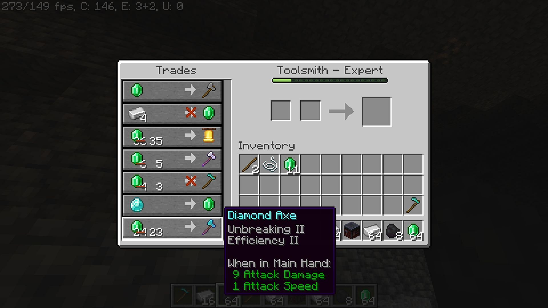 Toolsmith trading diamond tools (Image via Minecraft 1.19)