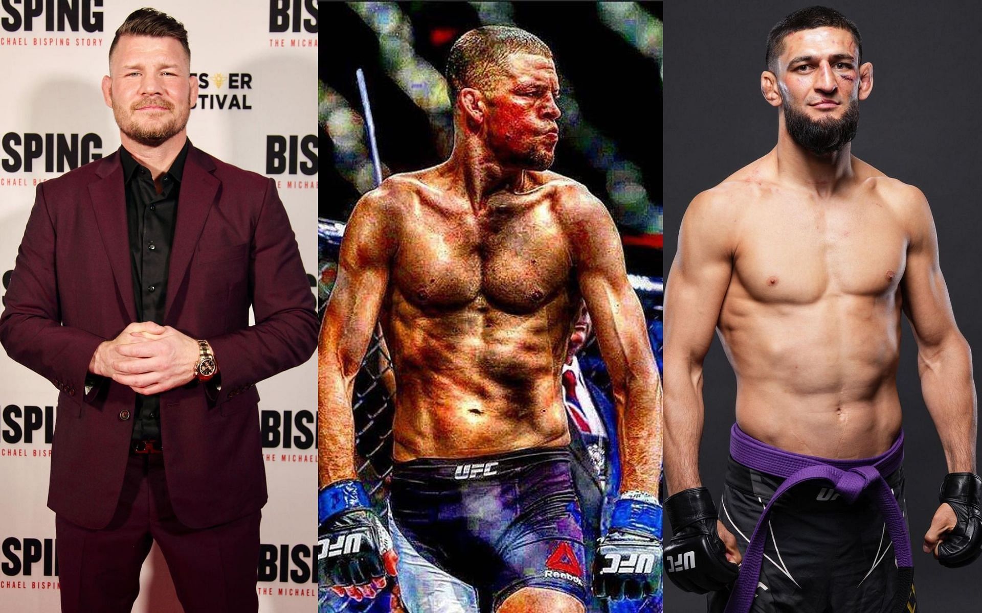 Michael Bisping (L), Nate Diaz (M), and Khamzat Chimaev (L) [Credits: Instagram @natediaz209 @mikebisping @khamzat_chimaev]