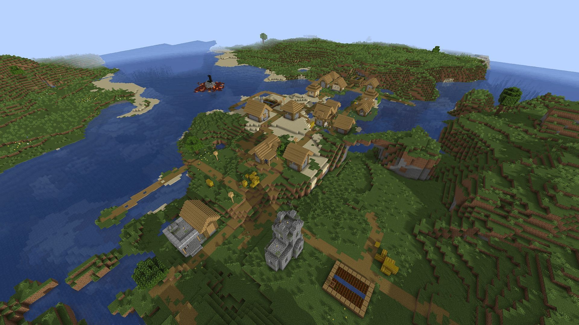 The large plains village near spawn (Image via Minecraft)