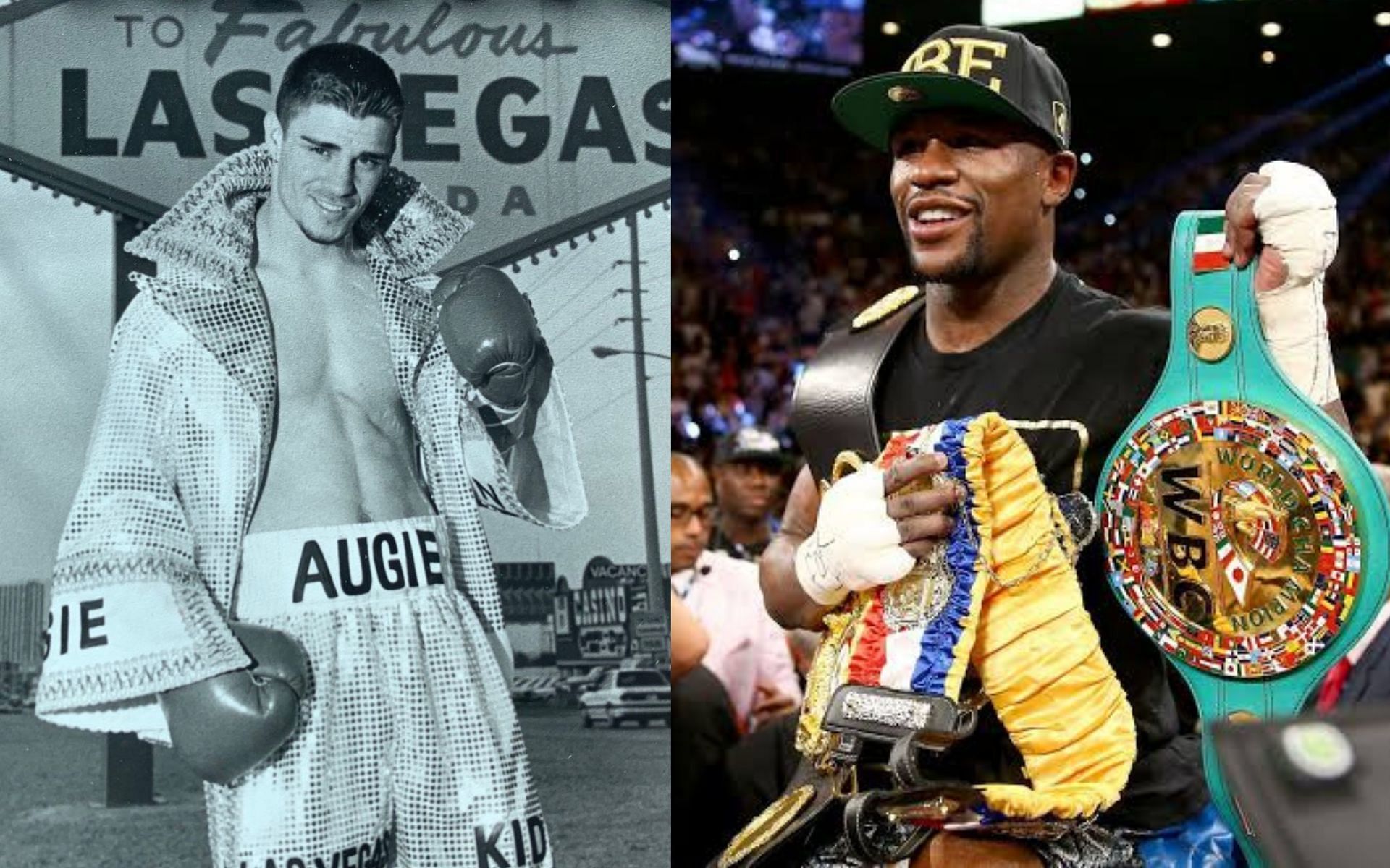 A 20-year-old Augie Sanchez (left) and Floyd Mayweather. (Photos by @augie.sanchez.77 Instagram and Getty Images)