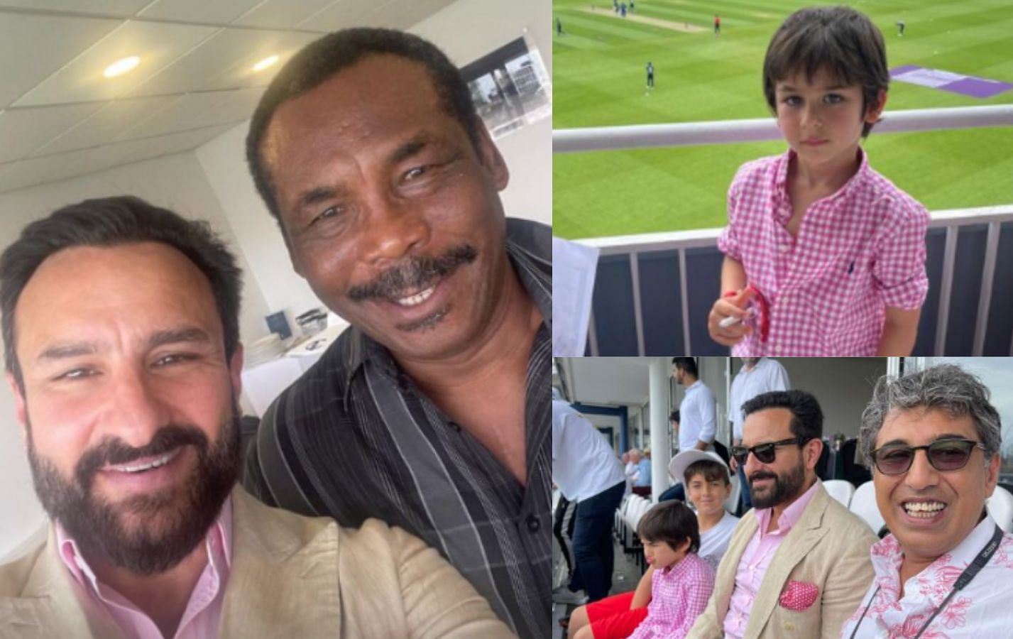 (Left) Saif Ali Khan with Gordon Greenidge; (Right top) Saif&rsquo;s son Taimur (Right below) Saif and Taimur watching the watch. Credits: Kareena Kapoor/ Instagram