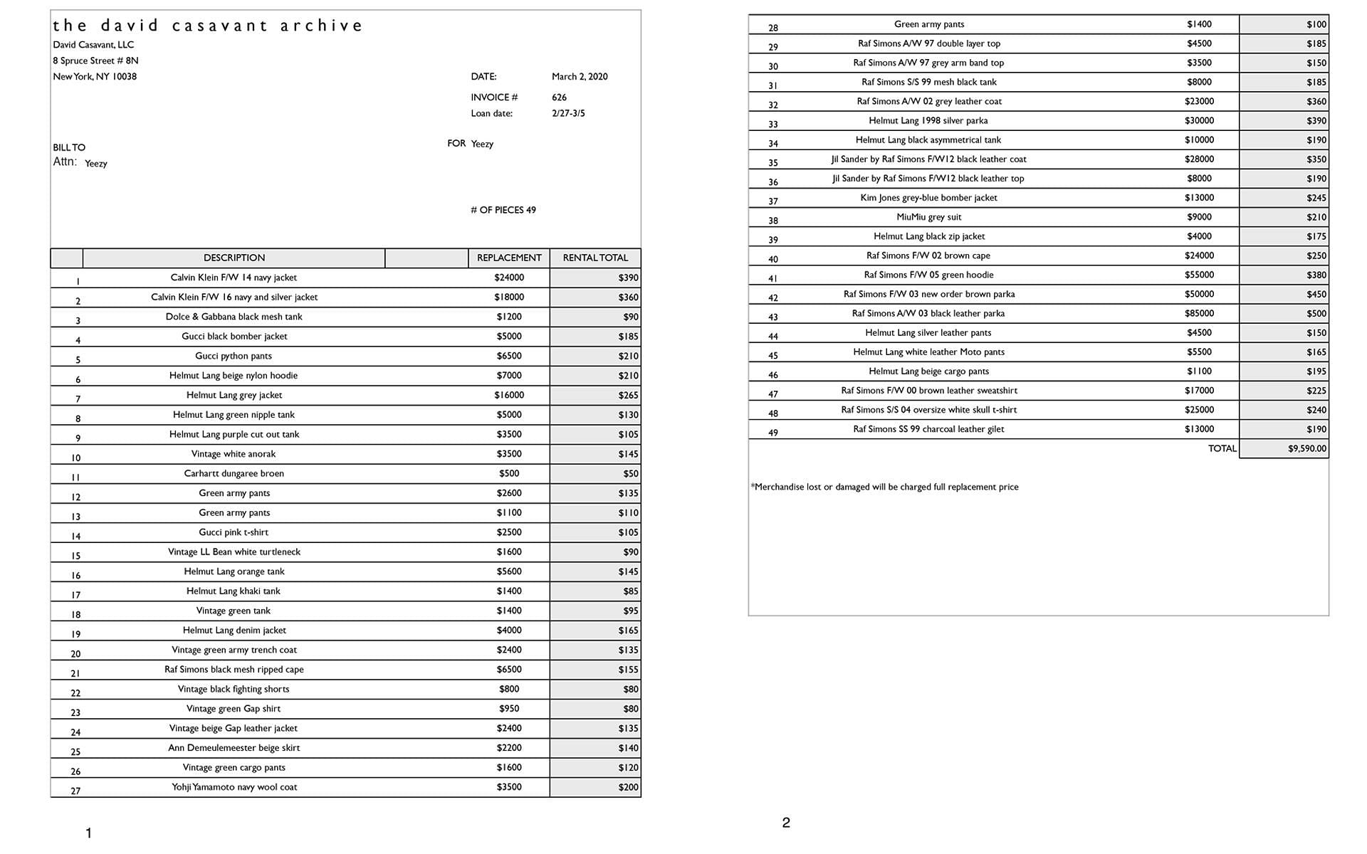 The invoice of all 49 items loaned by Kanye West in 2020 (Image via Lawsuit complaint / Digital Music)