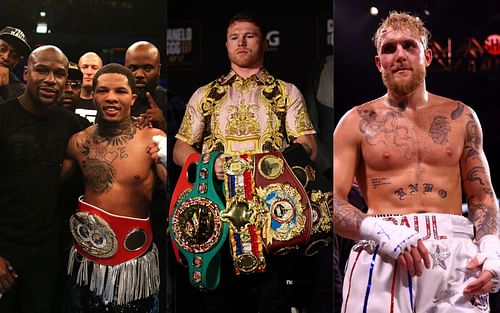 From left to right: Floyd Mayweather, Gervonta Davis, Canelo Alvarez, and Jake Paul 