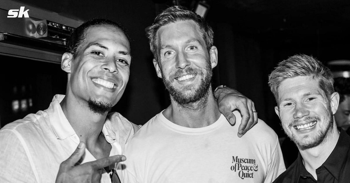 Virgil Van Dijk (left) and Kevin De Bruyne (right) met DJ Calvin Harris in Ibiza.