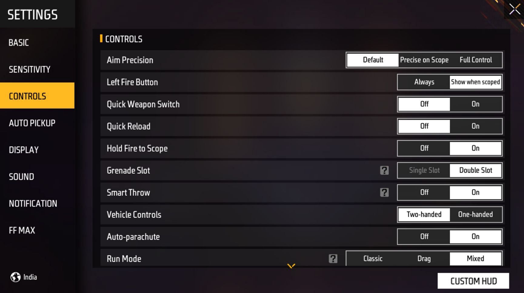 Users should tap on &#039;Custom HUD&#039; in the control settings (Image via Garena)