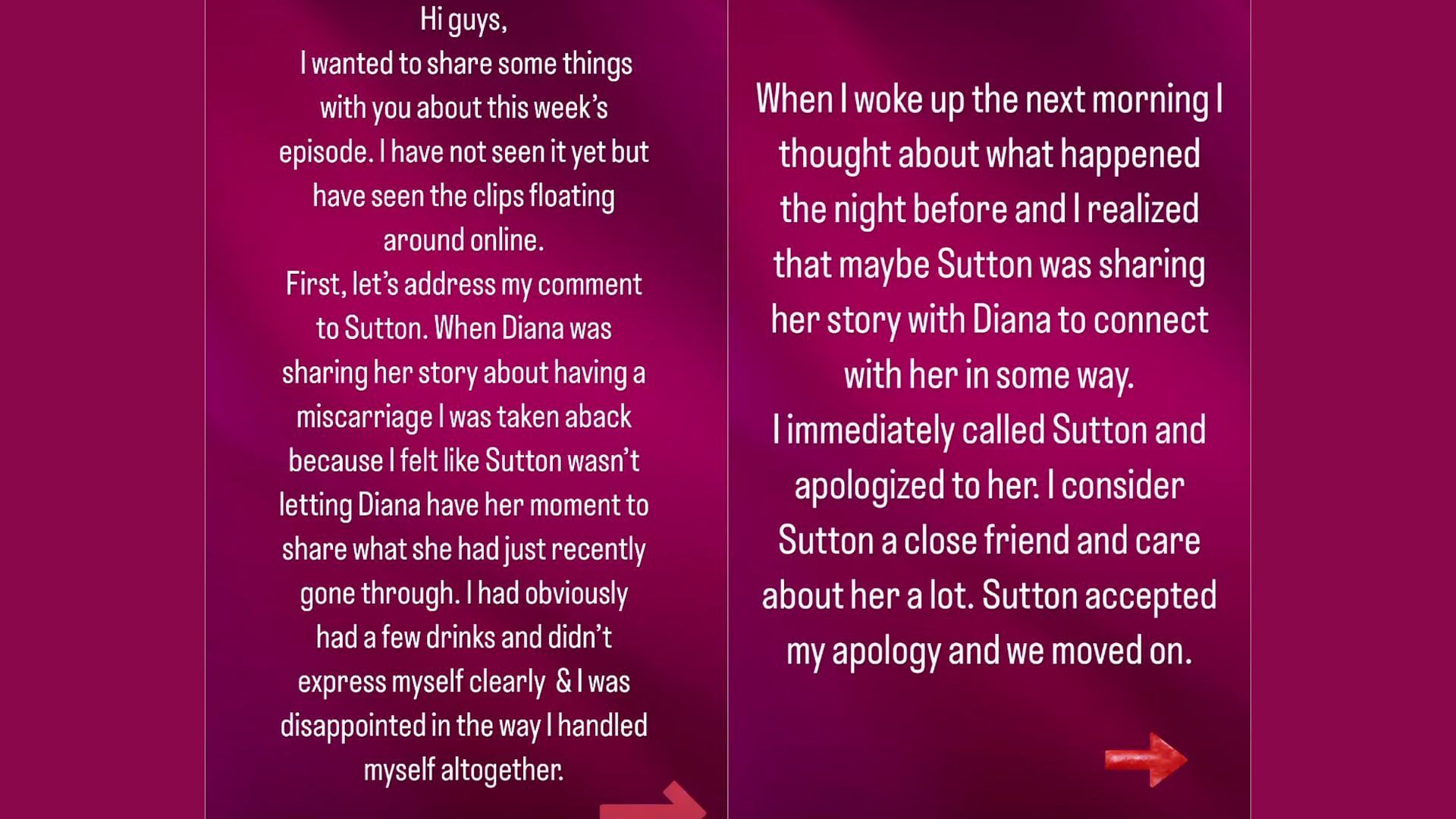 Kyle Richards&#039; Instagram story addressing her behavior towards Sutton Stracke (Image via kylerichards18/Instagram)