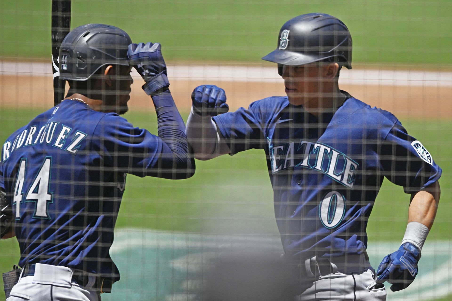 Julio Rodriguez greets Sam Haggerty after his first home run of the season. Seattle Mariners v San Diego Padres