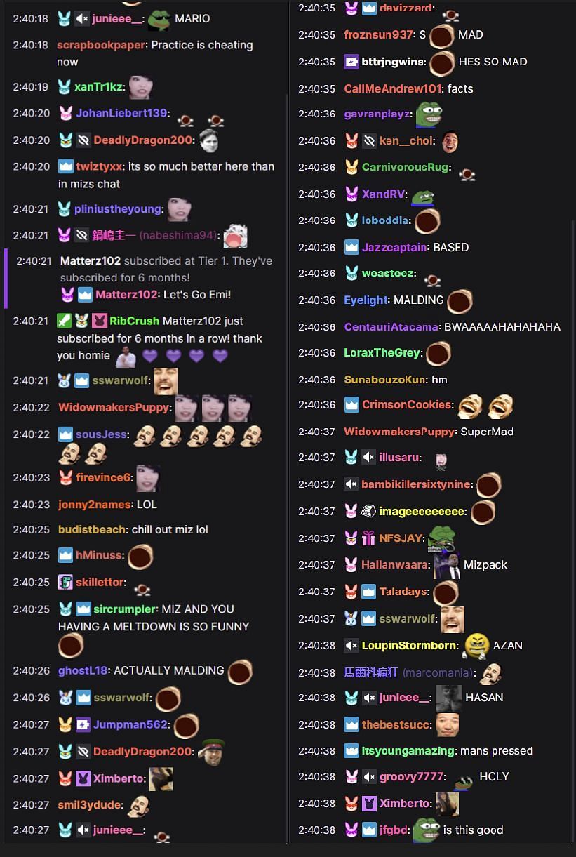 Fans in the Twitch chat reacting to the streamer&#039;s rage (Image via Emiru/Twitch)