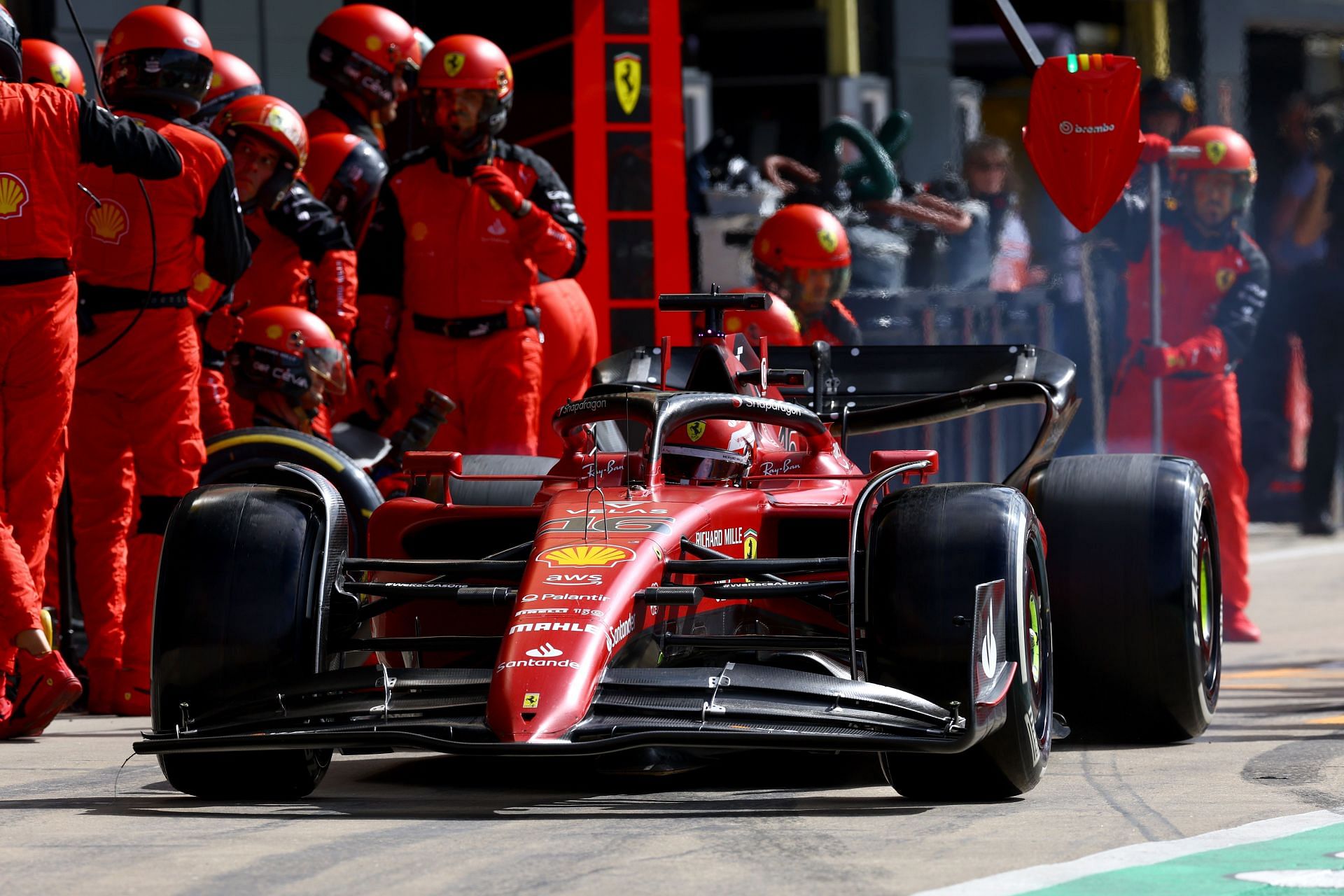 Charles Leclerc emerges from his pitstop at the 2022 F1 Grand Prix of Great Britain