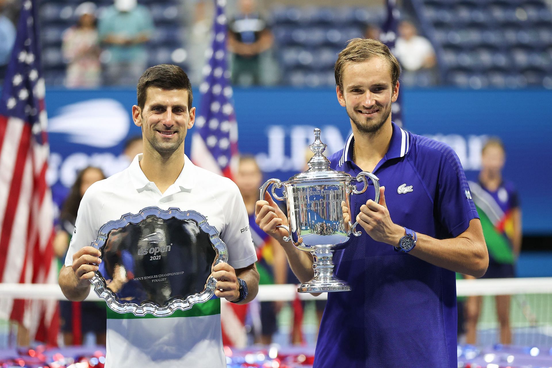 Novak Djokovic (L) and Daniil Medvedev at the 2021 US Open