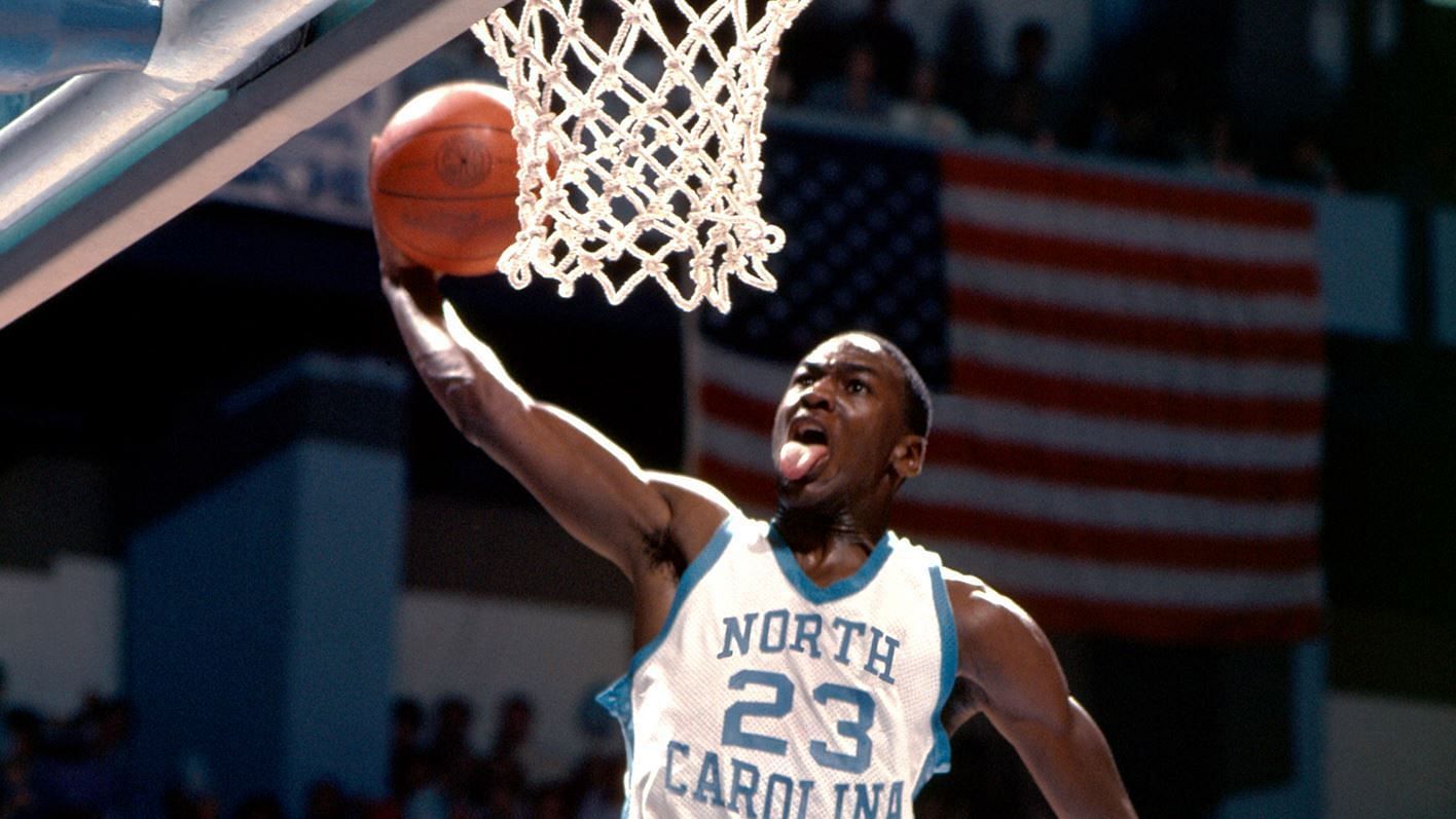 Michael Jordan in action for the UNC Tar Heels, doing what he does best.