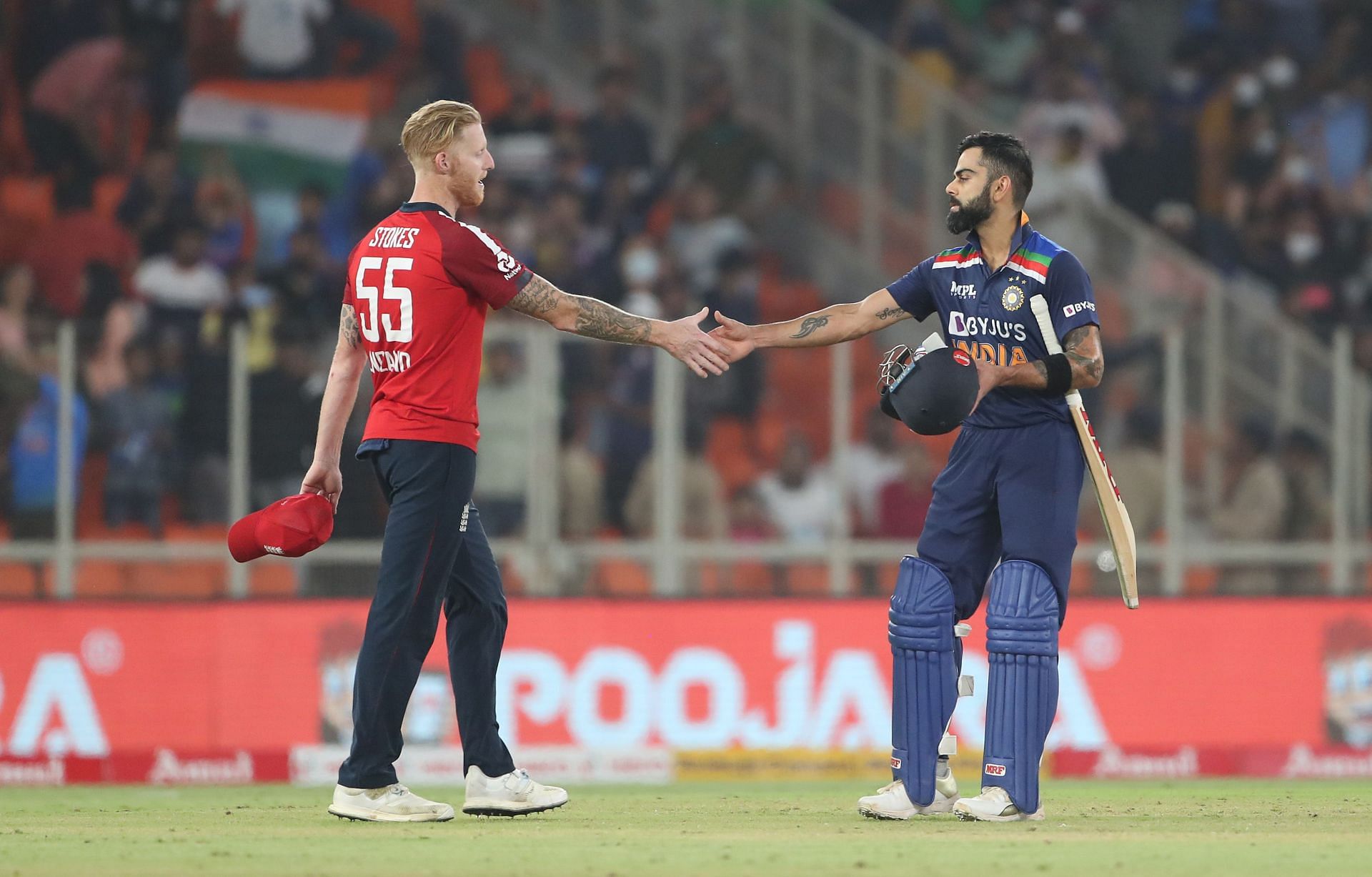 Ben Stokes (left) and Virat Kohli during a T20I in India last year. Pic: Getty Images
