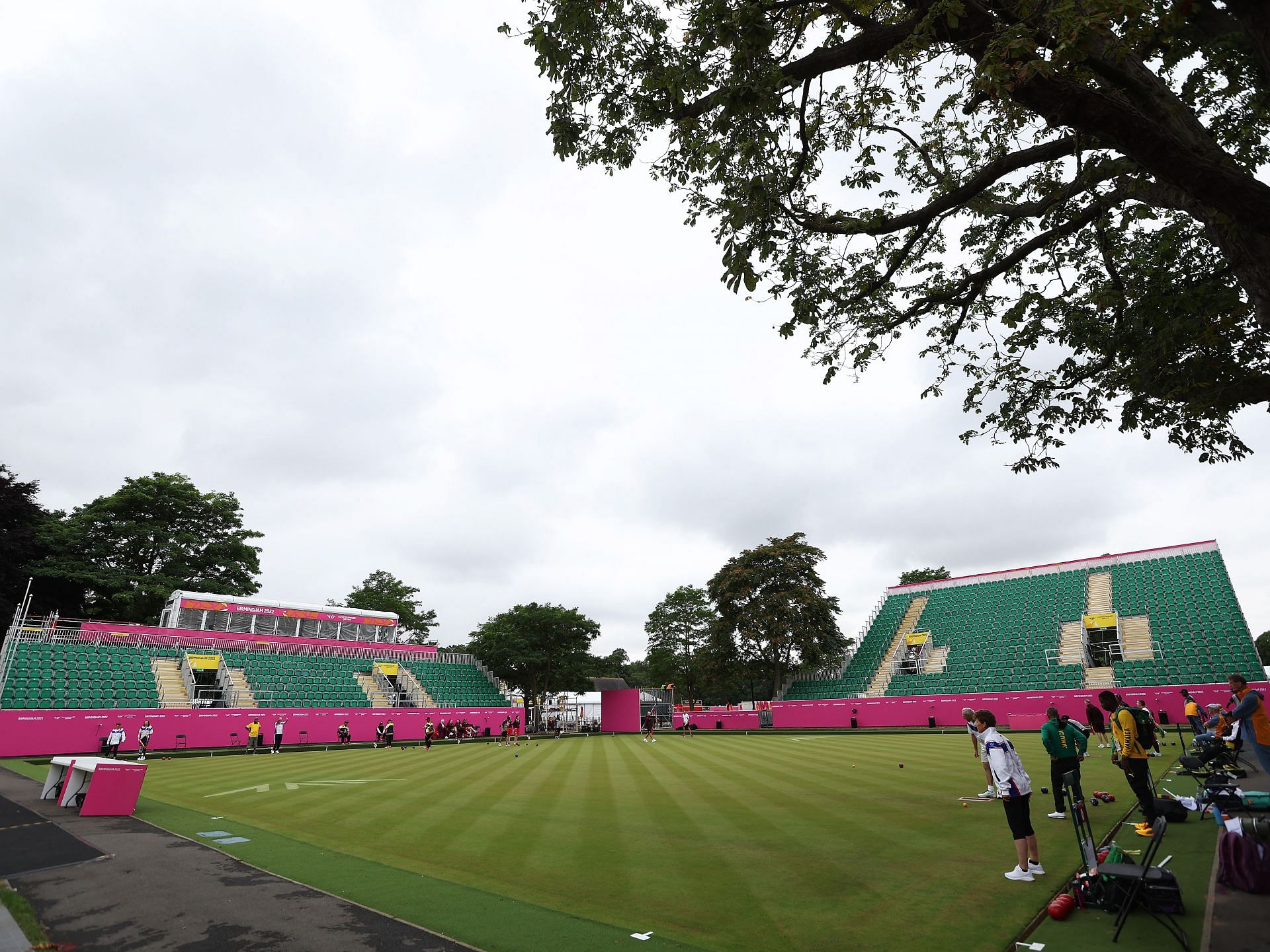 Previews - A general view of Victoria Park, venue for Lawn bowls as teams practice ahead of the Birmingham 2022 Commonwealth Games at Victoria Park