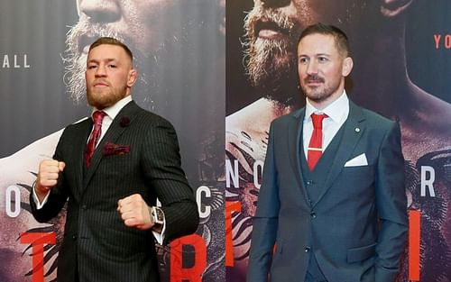 Conor McGregor (L) and his coach, John Kavanagh (R)