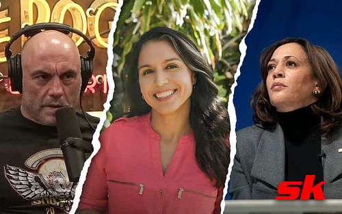 (L to R) Joe Rogan, Tulsi Gabbard, Kamala Harris [Images via PowerfulJRE on YouTube, @tulsigabbard, and @kamalaharris on Instagram]