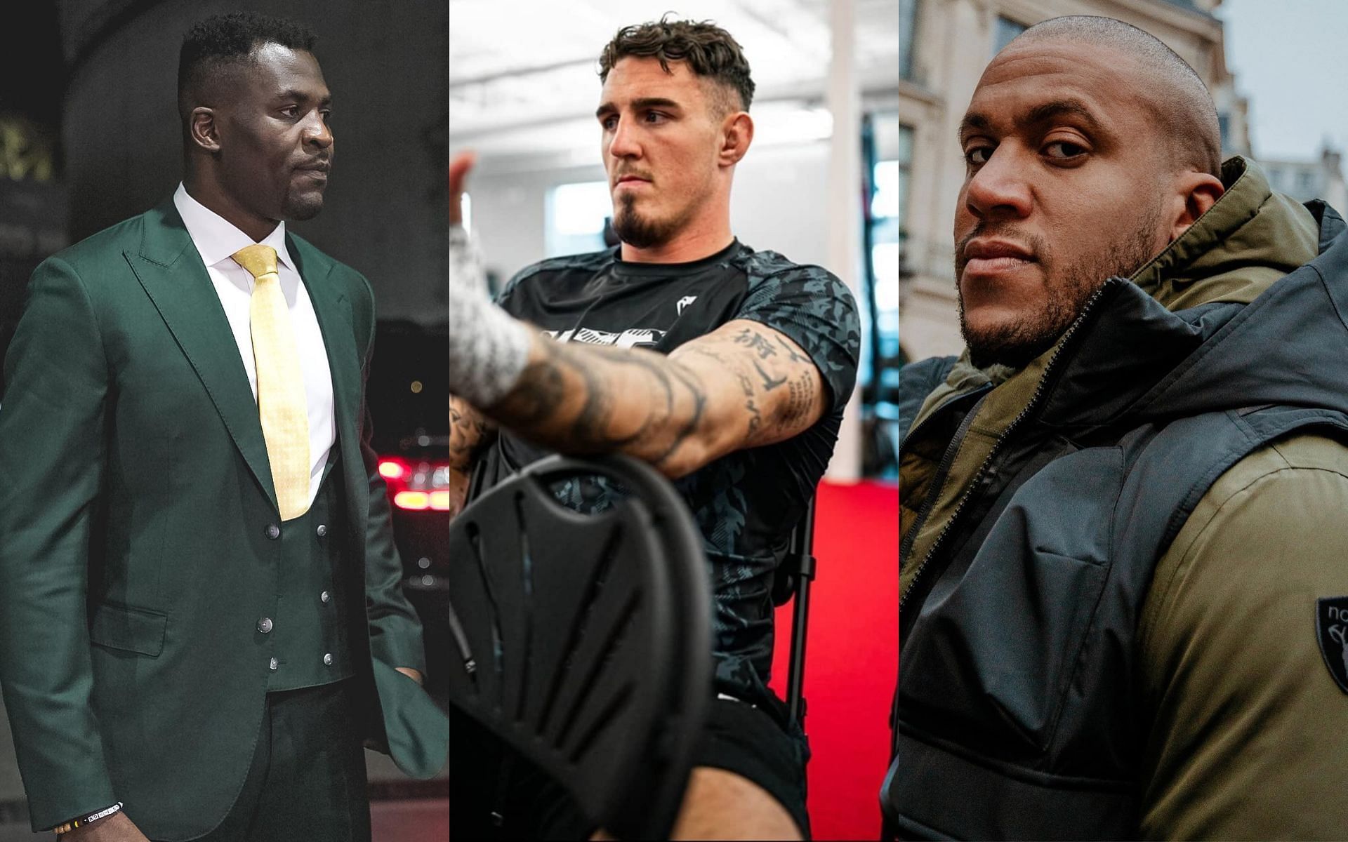 Ngannou, Aspinall, and Gane (left, center, and right; images courtesy of @francisngannou, @tomaspinallofficial, and @ciryl_gane Instagram)