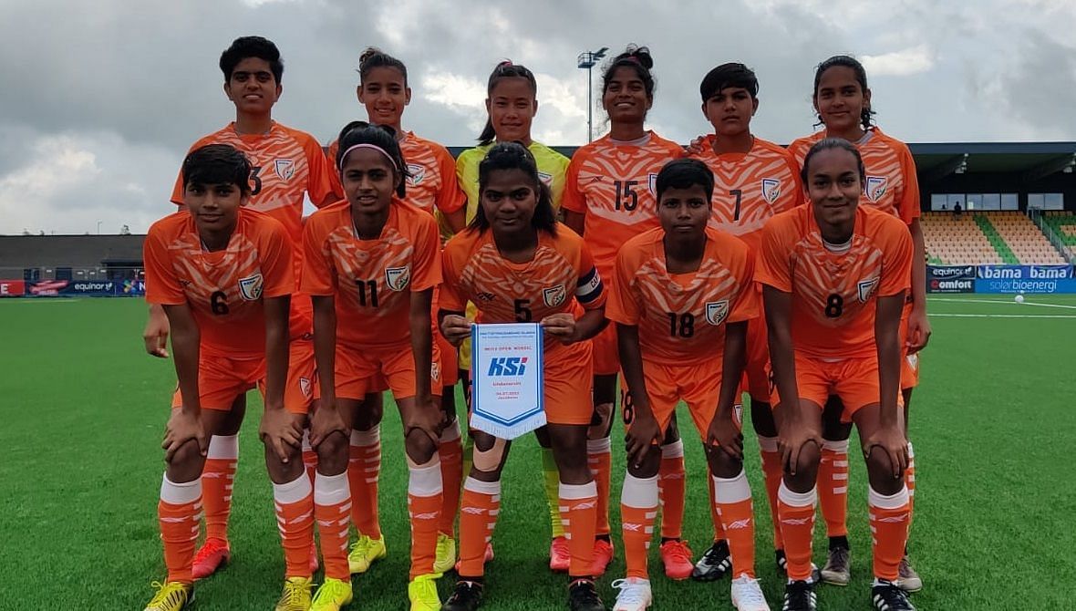 The Indian U-17 Women&#039;s team ahead of the Iceland clash. (Image Courtesy: AIFF Media)