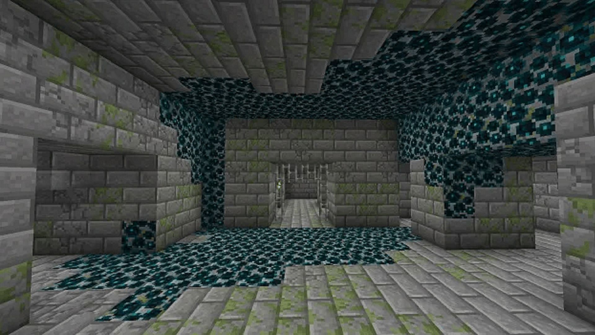 This stronghold is tainted by the deep dark biome&#039;s sculk blocks (Image via Mojang)