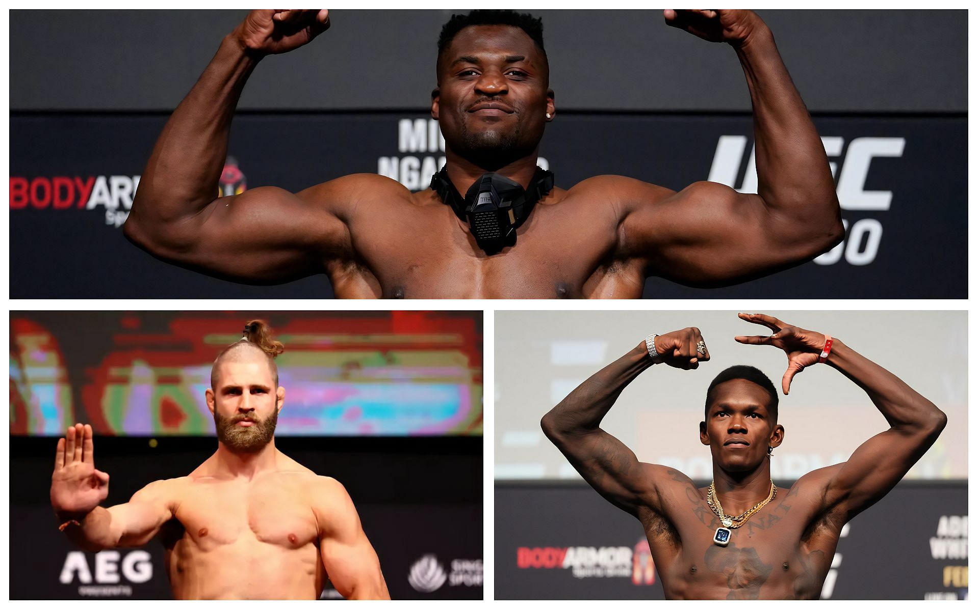 Francis Ngannou (top), Jiř&iacute; Proch&aacute;zka (left), and Israel Adesanya (right)