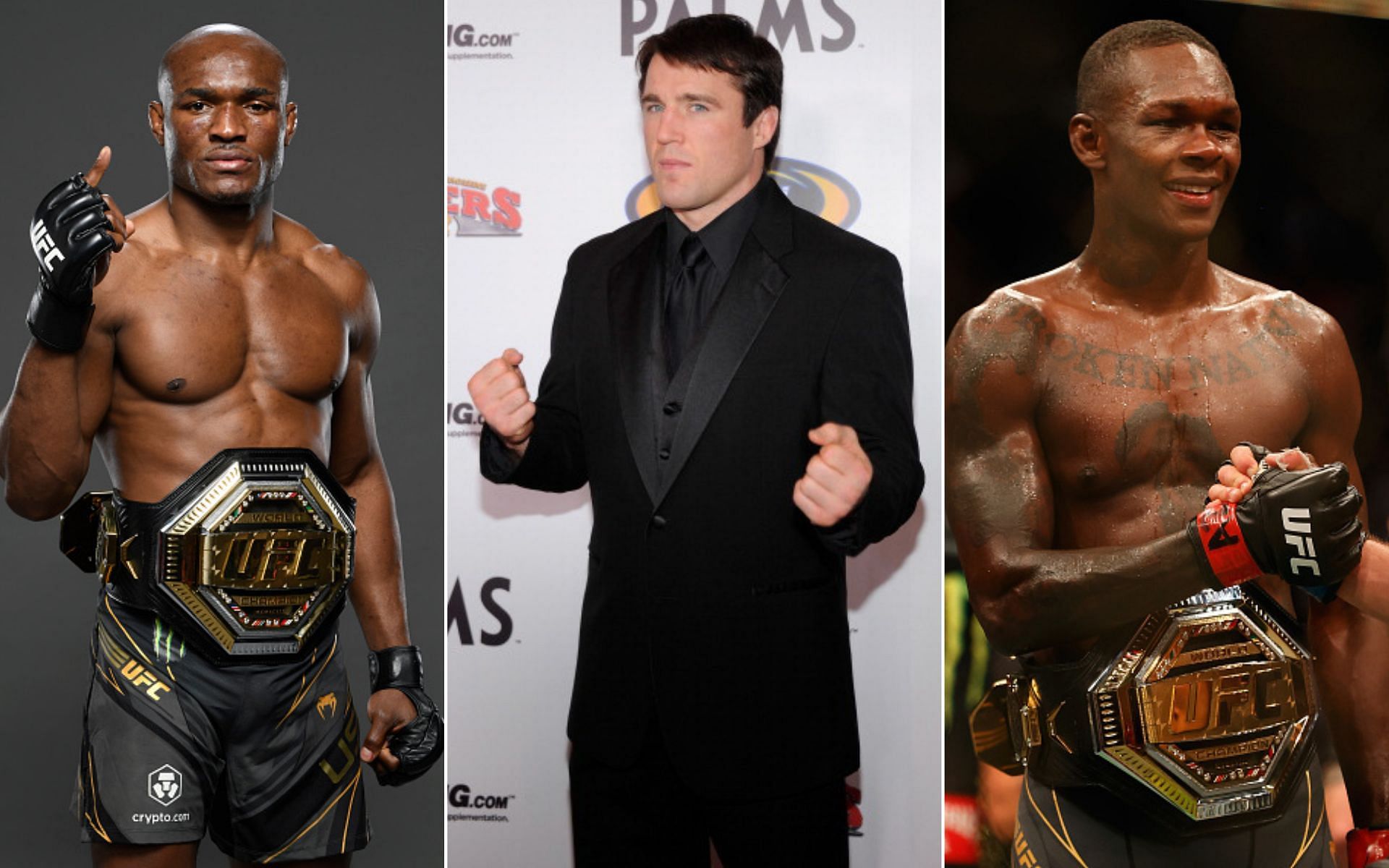 Kamaru Usman (L), Chael Sonnen (M), and Israel Adesanya (R) [Images via Getty]