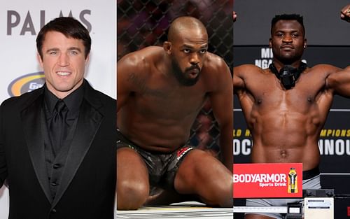 From left to right: Chael Sonnen, Jon Jones, and Francis Ngannou