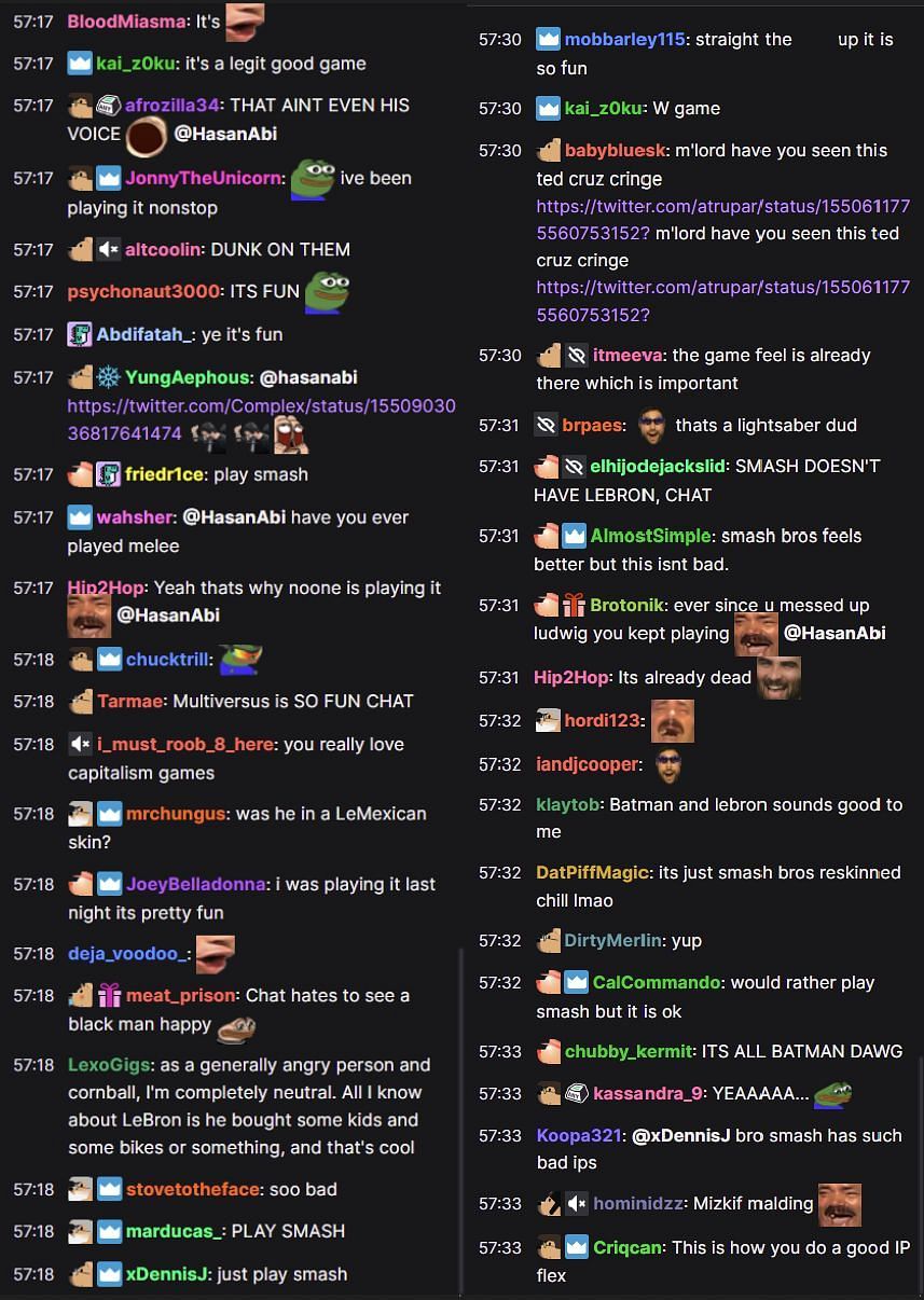 Fans in the Twitch chat reacting to the streamer&#039;s opinions (Image via HasanAbi/Twitch)