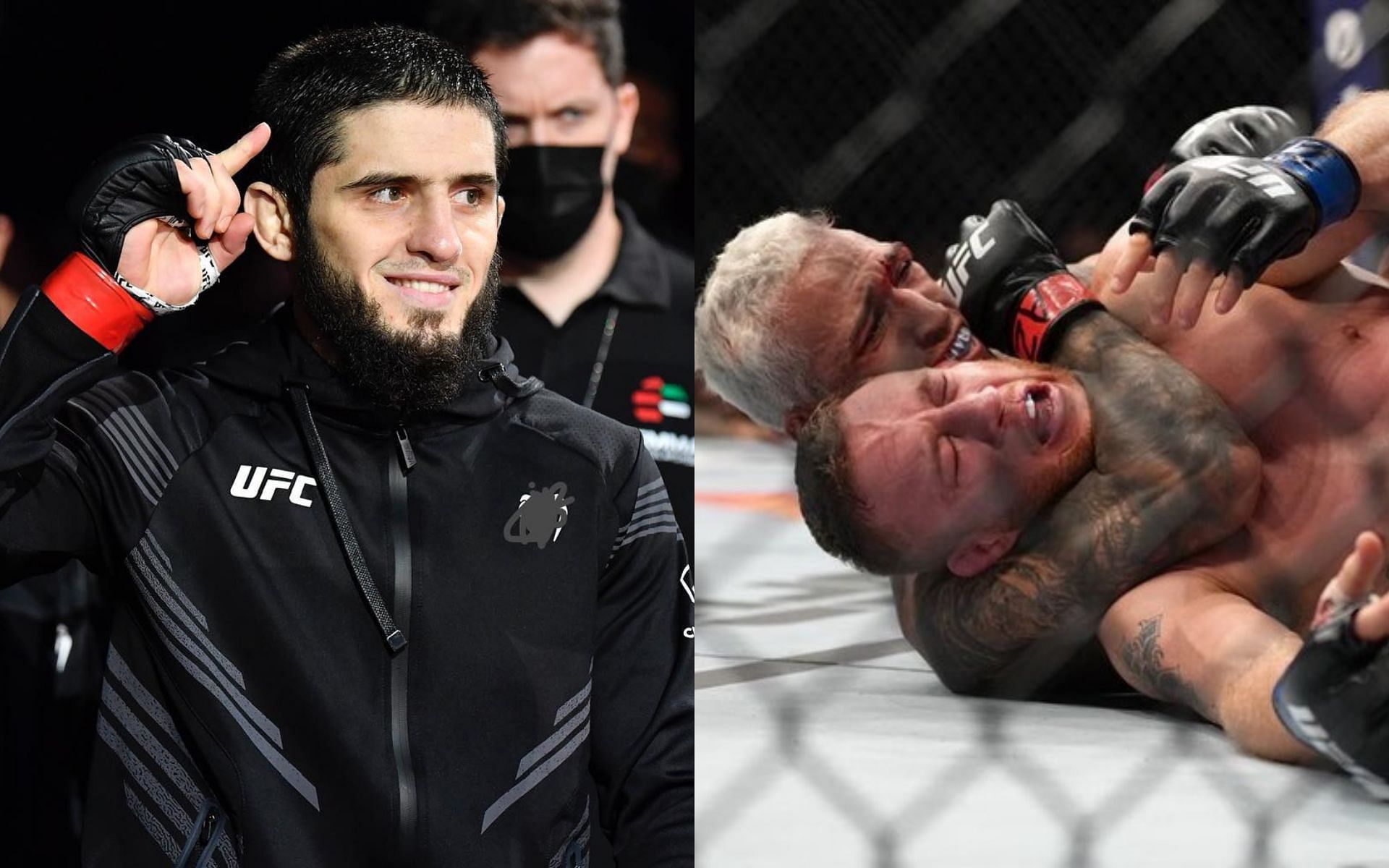 Islam Makhachev (L); Charles Oliveira submitting Justin Gaethje (R) [Images courtesy of @islam_makhachev and @charlesdobronxs Instagram]