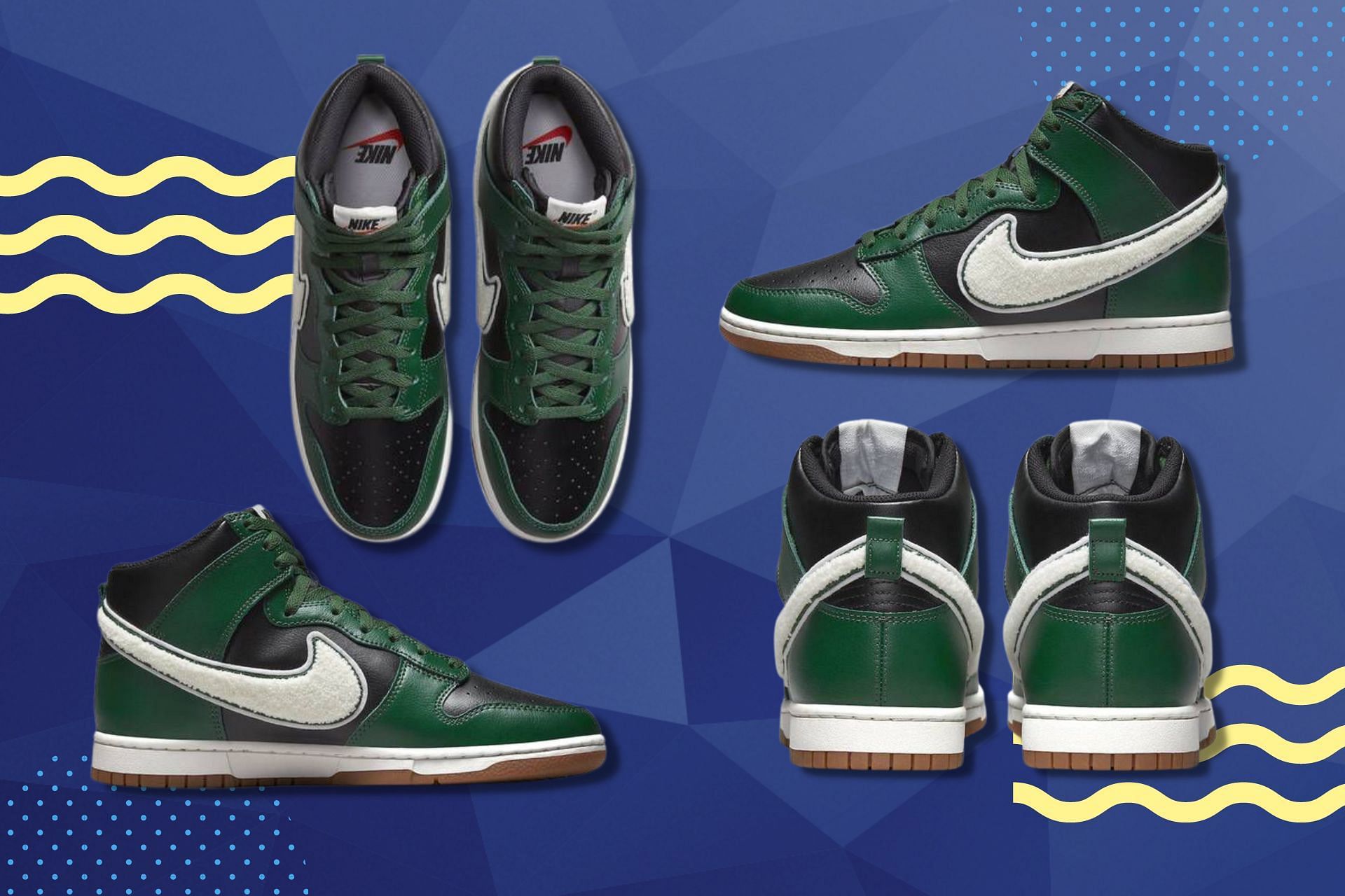 Take a detailed look at the impending Nike Dunk High Chenille Swoosh Gorge green tone shoes (Image via Sportskeeda)