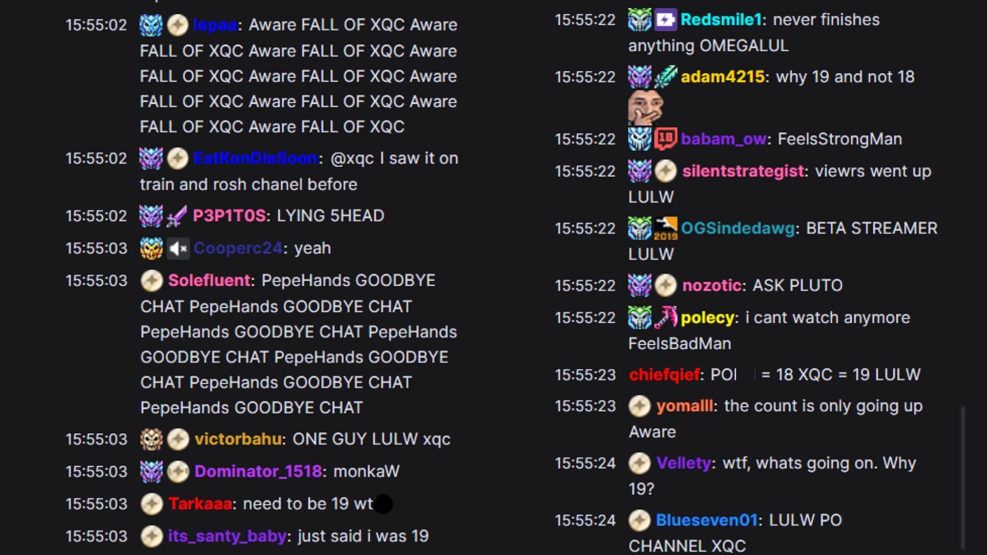 Chat reacting to the age restriction (Image via xQc/Twitch)