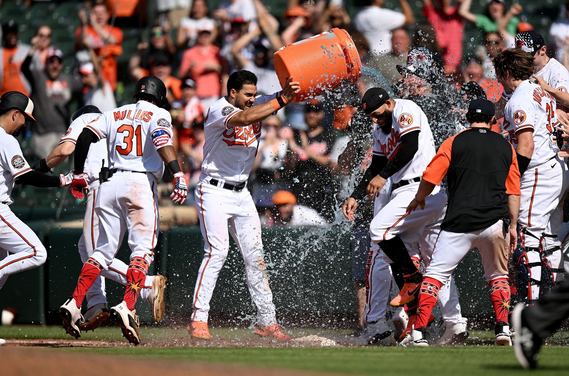 Baltimore Orioles celebrate their win over the Rangers.