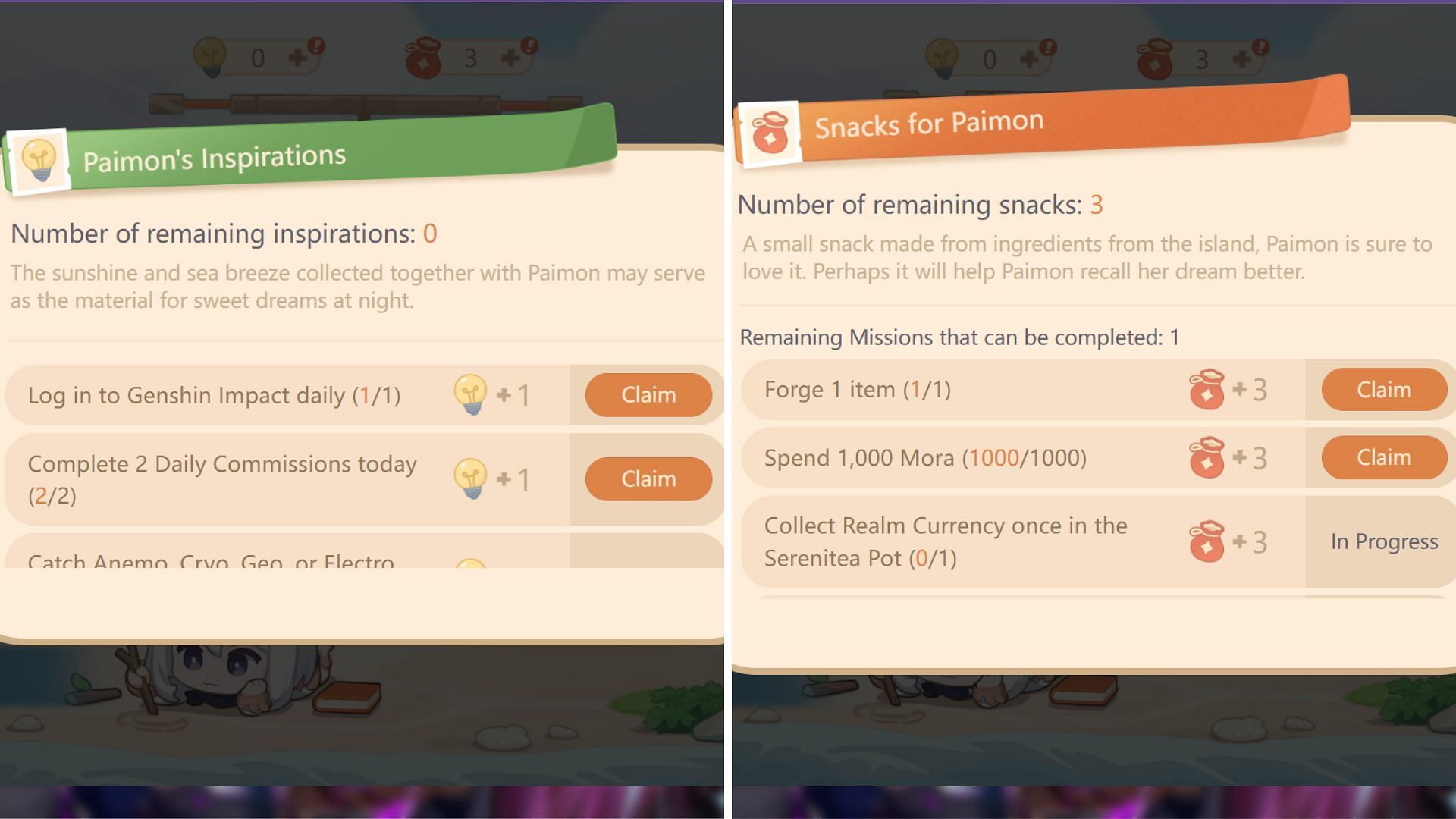 Complete simple missions to collect snacks and inspirations (Image via Genshin Impact)