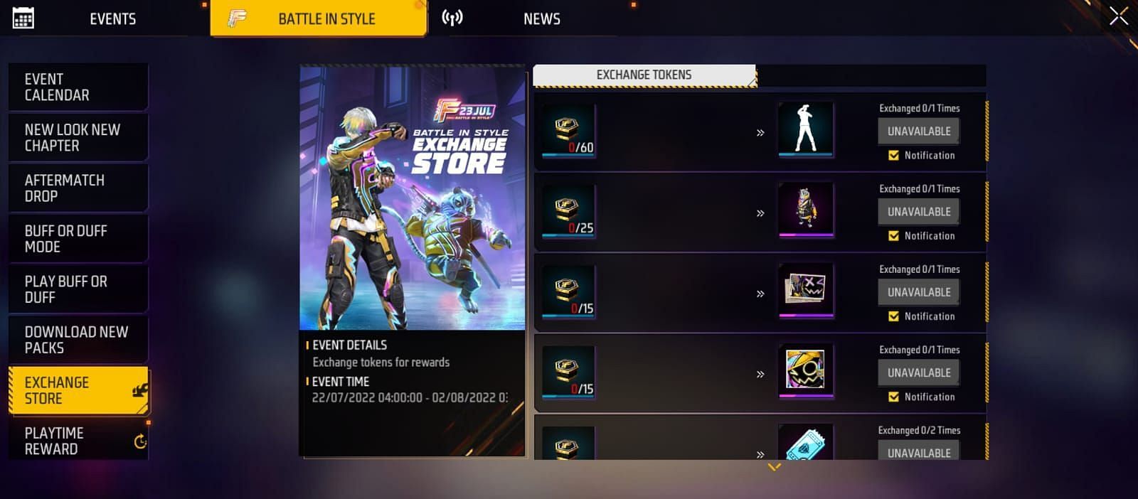 Rewards that mobile gamers can claim by exchanging tokens (Image via Garena)